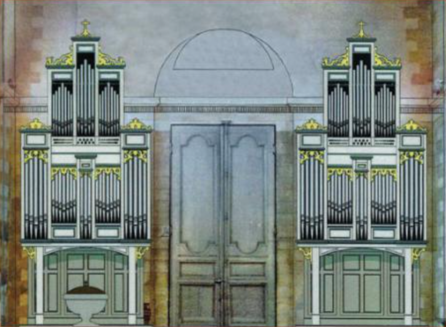Dessin réalisé par Bernard Dargassies et Associés, montrant les deux buffets d'orgue de part et d'autre de la porte centrale du fond, vu depuis le chœur